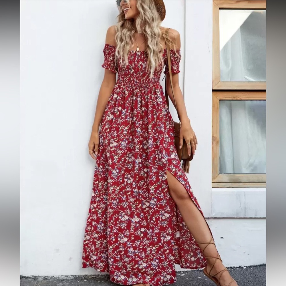 Boho floral print off shoulder shirred slit thigh dress